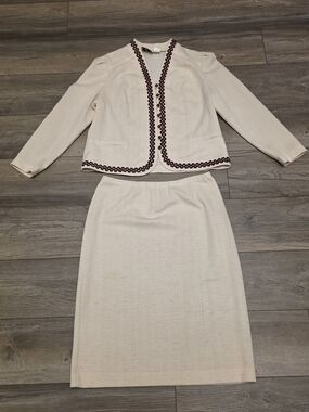 Vintage 60s 70s Marty Gutmacher Cream Skirt Suit Set Mod Contrast Trim Size 14